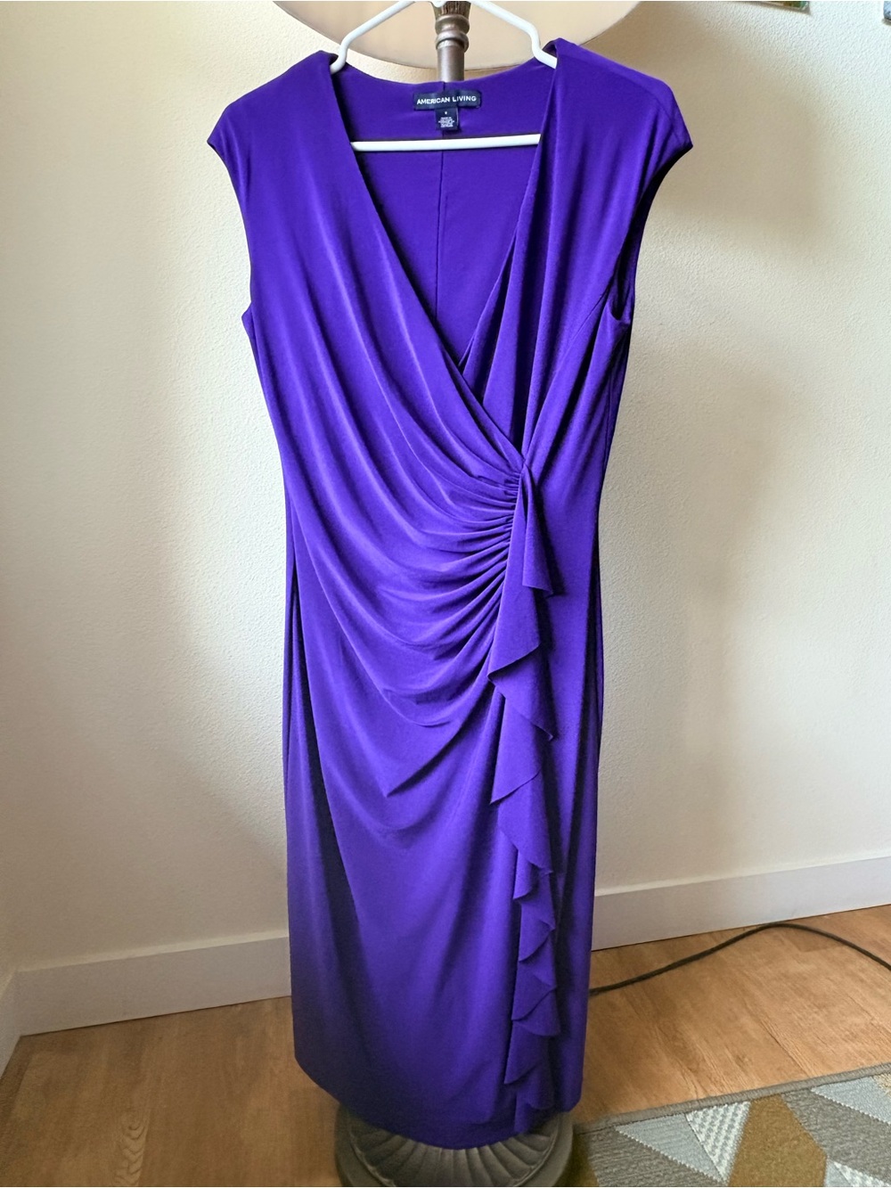 American Living Purple Faux Wrap Draped Ruffle Sheath Dress Size 8